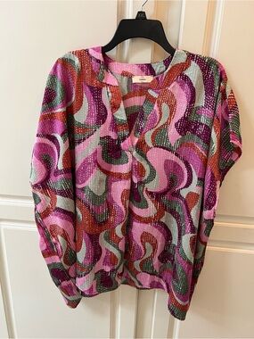 entro Pink, Magenta & Green Abstract V-Neck Top